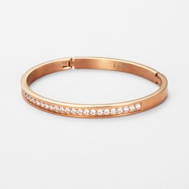 B.Tiff Rose Gold Plated Stainless Steel Round 25-Stone Eternity Bangle Cuff Bracelet Fashion Jewelry For Women, Size 7.25"