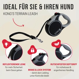 KONG Rollable Dog Lead in 5 m Length, for Medium Dogs up to 30 kg, Size M, High-Quality Roller Lead with Break & Lock System in Grey, Comfortable Lead with Soft Grip and Reflective Strap