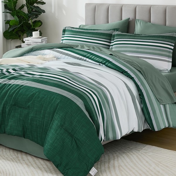 Dobuyly Green King Size Comforter Set 7 Pieces, Boho Striped