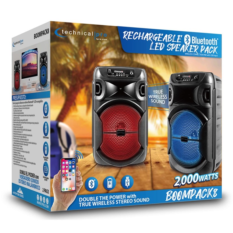 Technical Pro (2) BOOMPACK8 8" Powered Wireless Rechargeable Bluetooth Speakers