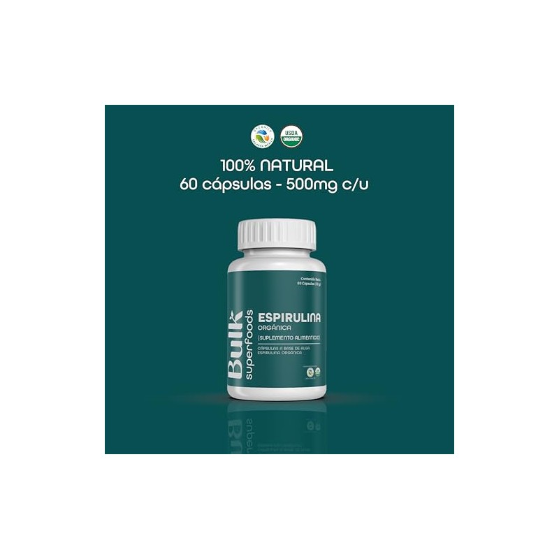 Bulk Superfoods Espirulina Orgánica 100 Natural Cápsulas 500 Suplemento Alimenticio