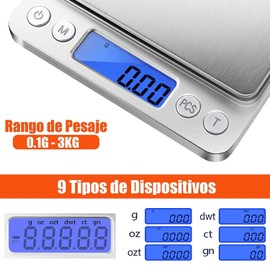 Báscula Digital de Cocina, Bascula Digital, Bascula Cocina, Báscula para Alimentos, 0.1g-3Kg de Precisión, Bascula Cocina Con Pantalla Lcd Precisa, Con 2 Bandeja Transparentes, Función de Tara