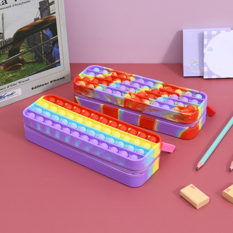 Waterproof Rainbow Push Bubble Stationery Box Silicone Decompression Toy Rectangle