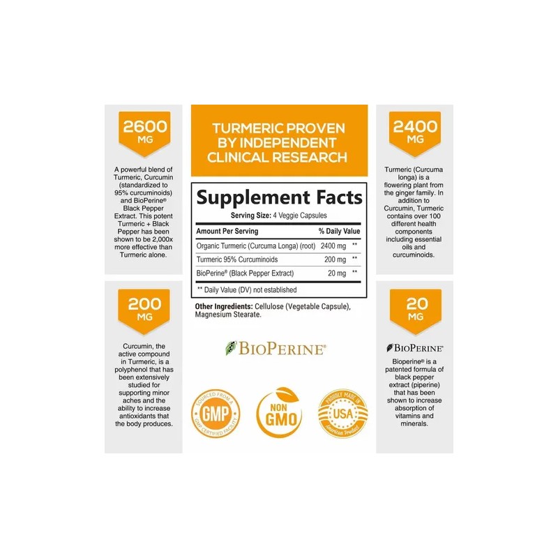 Turmeric Curcumin 180caps Con Bioperina 2600mg. Hecho En E.u