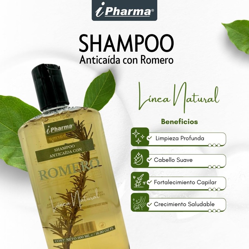 IPharma Shampoo Anticaída con Romero, Línea Natural, 500 ml