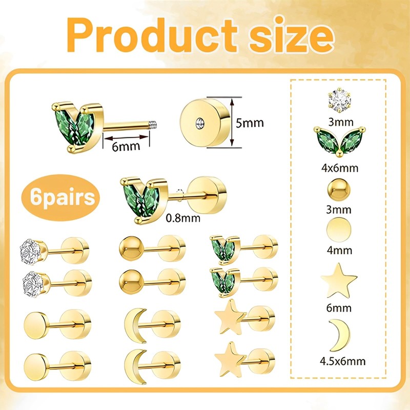 Gold Studs Earrings for Women, 6 Pairs 12 Pieces Gold
