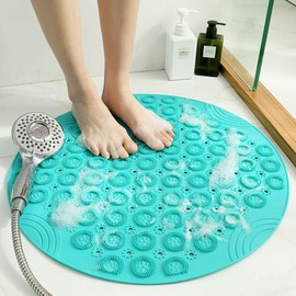VSUSN Shower Mat Round Bath Mat PVC Bathroom Mat Antibacterial Bathtub Mat Non Slip Shower Mats with Suction Cups and Drain Holes, Machine Washable for Bathroom Bathtub Toilet(55x55cm,Green)