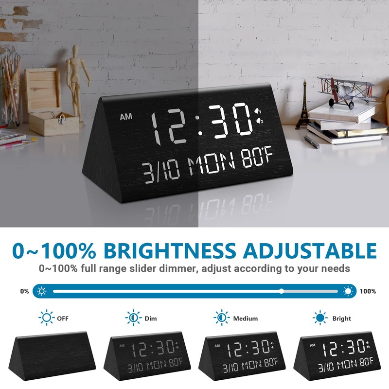 Kogonee Wooden Digital Alarm Clock, 0-100% Dimmer, 2 Alarm Settings,