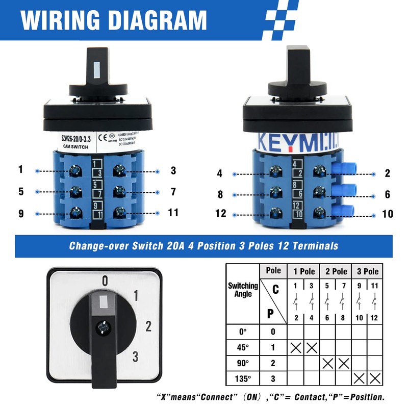 KEYMOO 20A Rotary Changeover Switch 660V 4 Position 3 Phase
