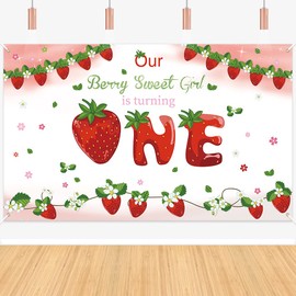 Strawberry First Birthday Backdrop for Baby Girls, Our Berry Sweet Girl is Turning Theme Birthday Party Decoration, Sweet One Background Photo Studio Props Banner