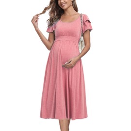 Ruffle Short Sleeve Maternity Dress High Waisted Midi Spring Baby Shower Dresses Pink M