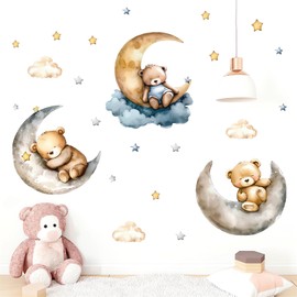 Cute Sleeping Baby Bear Wall Stickers, sacinora Moon Stars DIY Art Wall Decals Removable Vinyl Peel and Stick for Kids Baby Nursery Bedroom Toddler Room Kindergarten Home Decorations