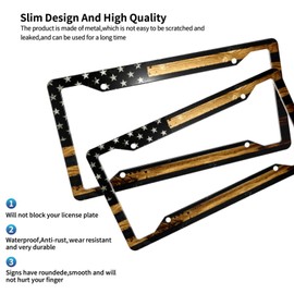 GACCAP License Plate Frame 2 Pack Front Rear Aluminum Metal Rust-Proof Universal Car Tag Frames Holder with 4 Holes Car Decor Accessory with Screws for Men Women - Wood American Flag