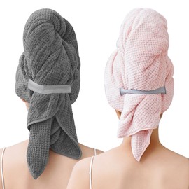 LLTLGF Pack of 2 Large Microfibre Hair Towels, 103 x 60 cm, Premium Hair Turban with Elastic Band, Quick Drying, Super Absorbent, Hair Drying Towel in Waffle Design, for Long Hair (Grey & Pink)