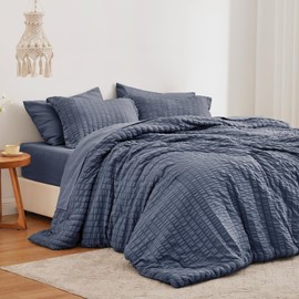 Love's cabin Seersucker Navy Blue Twin XL Comforter Set, 5 Pieces Twin XL Bed in a Bag, All Season Twin XL Bedding Sets with Comforter, Flat Sheet, Fitted Sheet, Pillowcase and Pillow Sham