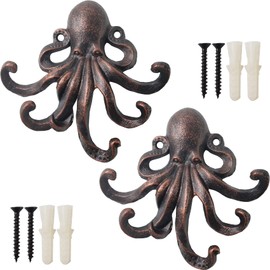 RONYOUNG 2PCS Heavy Duty Decorative Octopus Hook- Wall Mounted Coat Hooks/Solid Cast Iron Unique Key Holders/Home Decor (Red Bronze)