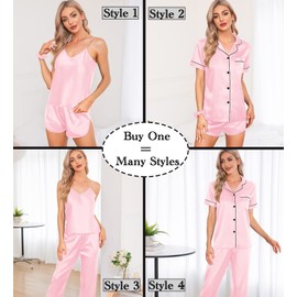 SWOMOG Women's Silk Satin Pyjamas Sets 7 Pieces Sleepwear Sexy Cami Shorts Set and Button Down Short Sleeve Satin Pjs, pink