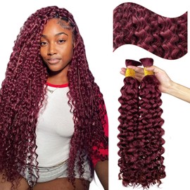 Burgundy Braiding Hair Deep Water Wave Human Hair Bulk for Boho Braids Knotless #99j Curly Boho Human Hair Bundles No Weft Bohemian Wet and Wavy Human Braiding Hair 26 Inch 100G/Pack