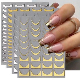 French Line Nail Art Stickers Decals, 4Pcs Gold Silver French Nail Decals 3D Metal Curve Stripe Wave Lines Nail Design French Nail Supplies for Nails Adhesive Sticker Slider DIY Manicure Accessories