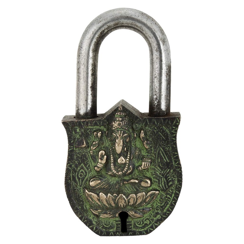 Decorative Padlock Ganesh Engraved Solid Brass with Natural Patina in