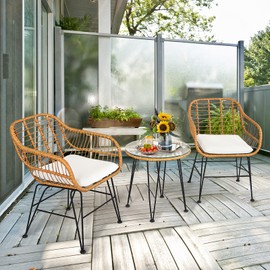 KOTEK 3 Pieces Patio Bistro Set, Outdoor Rattan Conversation Set with Glass Top Coffee Table & Seat Cushions, Indoor Outdoor Wicker Bistro Furniture Set for Garden Backyard Porch Balcony (White)