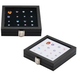 Giftop Jewelry Display Case Tempered Glass Top Lid Black Leatherette,Gemstone Display Case Jewelry Storage Box with Metal Clasp (Medium)