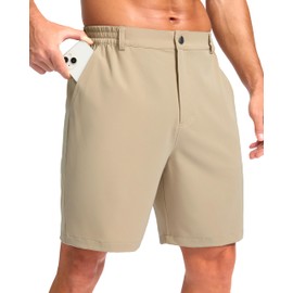 Pudolla Mens Casual Shorts 7" Inseam Lightweight Shorts with 3/4 Elastic Waistband Golf Khaki Shorts Men（Light_Khaki XL