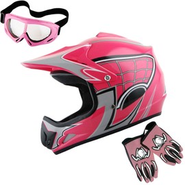 Martian Youth Kids Motocross Helmet ATV Dirt Bike BMX MX Helmet + Goggles + MG Youth Pink Glove Bundle: Spider Pink