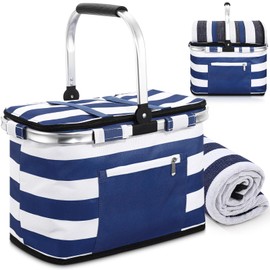 Teenyyou 35L Large Insulated Picnic Basket with Blankets Kit Shopping Basket Cooler Bag Leakproof Collapsible Portable Suitable for Picnic Camping Work Hiking Food Delivery Gifts(Blue Stripes)