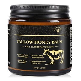 KINGMING Grass-Fed Beef Tallow Balm for Skin with Raw Honey, 4.23 Oz | Whipped beef tallow moisturizer for dry skin, face, body, hands and lips, nourishing balm for all skin types, 120 mL
