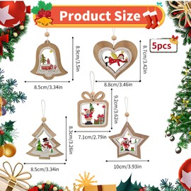 Larfraecy Pack of 5 Christmas Tree Decoration, Hollow Wood Carved Hanging Pendant with String, Wooden Christmas Tree Hanging Ornaments for Holiday, Party Decoration