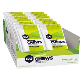 GU Energy Chews, Salted Lime Energy Gummies with Electrolytes, Vegan, Gluten-Free, Kosher, Caffeine-Free, and Dairy-Free On-The-Go Energy for Any Workout, 12 Bags (24 Servings Total)