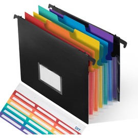 TRANBO 7-Pockets Hanging File Folder with Retractable Hooks for Filing Cabinet, Letter Size Expandable Accordion File Organizer with Elastic Band for File Frame or On-The-Go Use (1 Pack)