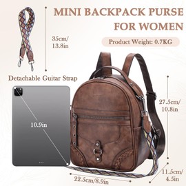VASCHY Small Backpack Purse for Women, Cute Vegen Leather Mini Backpack for Lady with Guitar Shoulder Bag Handbag Strap Brown