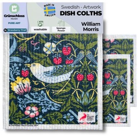 Grünschloss Art Printed Dishcloths, Original William Morris (Set of 3) Strawberry Thief - Unique Design Dish Cloths Washable Cellulose & Cotton Cleaning Cloths Absorbent & Sustainable