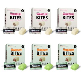 WAKE UP! Caffeinated Protein Bites - VALUE PACK - 6 Cartons (48 Bites) – 3 Vanilla Creme & 3 Mint Chocolate – Proprietary Blend with 175mg Caffeine (1 Bite = 1.5 Espressos) – Boosts Focus & Clarity - Gluten-Free, Vegetarian, Kosher