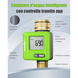 RAINPOINT Misuratore di Portata Acqua Bluetooth Smart, Contatore d'Acqua con Connettori in Ottone, Monitor Serbatoio Camper, Monitoraggio Consumo Preciso ±5% per Giardino e Campeggio