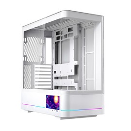 Jungle Leopard AC-02 Digital ATX PC Gaming Computer Case|5.5 Inch Integrated LCD Screen& App|Mid Tower Full View Dual Reinforced Glass Panel|Removable Side Panels|for Micro-ATX ITX (White)