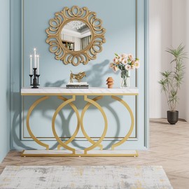 Tribesigns Gold Console Table, 55 inch Faux Marble Entryway Table Narrow Long Sofa Table, Modern Accent Table for Living Room, Entrance Table Geometric Metal Frame, White and Gold