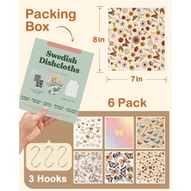 Miss Adola Swedish Dishcloths for Kitchen - Reusable 6 Pack Swedish Dish Cloths with Hook Fast Drying Swedish Towels for Washing Dishes Cute Funny Swedish Cleaning Sponge Cloths, Plant Butterfly