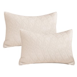 Lady Ann 2-Piece Quilted Pillow Shams, 100% Cotton Leaves Pattern Printed Pillow Covers Set Queen Size 20x30, Ultra Soft Breathable Decorative Wheat Bed Pillow Cases for All Season