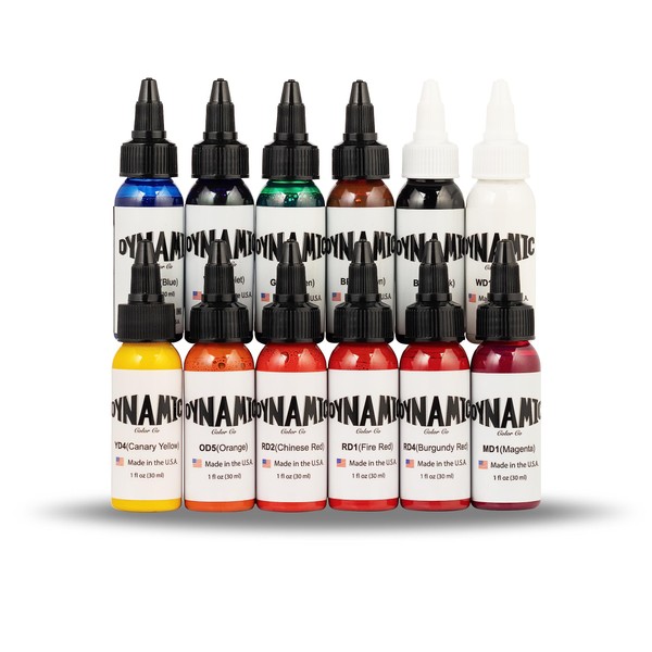 Dynamic Color Co - OG Color Ink Set, 12 Bottles (1 oz Each) Includes: (Burgundy Red, Chinese Red, Fire Red, Green, Blue, Orange, White, Canary Yellow, Brown, Magenta, Violet, and Black)