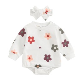 Qianderer Newborn Infant Baby Girls Clothes Summer Long Sleeve Sweatshirt Rompers Bubble Bodysuit with Headband Cute Outfit One Piece Clothing (White, 12-18 Months)