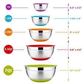 22-Piece Mixing Bowls with Lids & Accessories Set, E-far Stainless Steel Nesting Bowls with Colorful Covers & Non-Slip Bottoms, Metal Bowls for Cooking/Baking/Serving/Storage - Size 7/3.5/2.5/1.5/1 QT