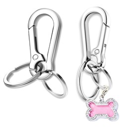 Dog Tag Clips, 2 Pack Stainless Steel Quick Clip with Double Rings + Bone Shape Dog ID Tag, Metal Keychain Key Clip DIY Dog Cat Tags Holder for Collars Harnesses