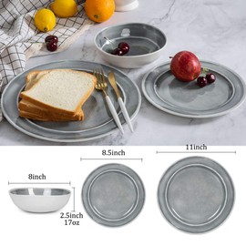 Melamine Dinnerware Set - 12pcs Dishes Dinnerware Set for 4, Indoor and Outdoor use, Dishwasher Safe, Break-resistant, Lightweight, Gray