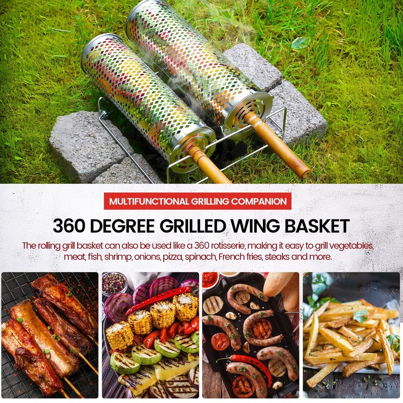 Rolling BBQ Grill Baskets, 2 Pieces, with Wooden Handle, Forks