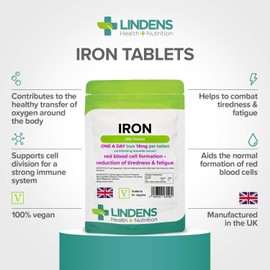 Lindens Iron 14mg Tablets - 360 Vegan Tablets - Reduce Tiredness, Increase Energy | Creates Healthy Red Blood Cells, Normal Oxygen Transportation | Made in The UK | (12 Months Supply)