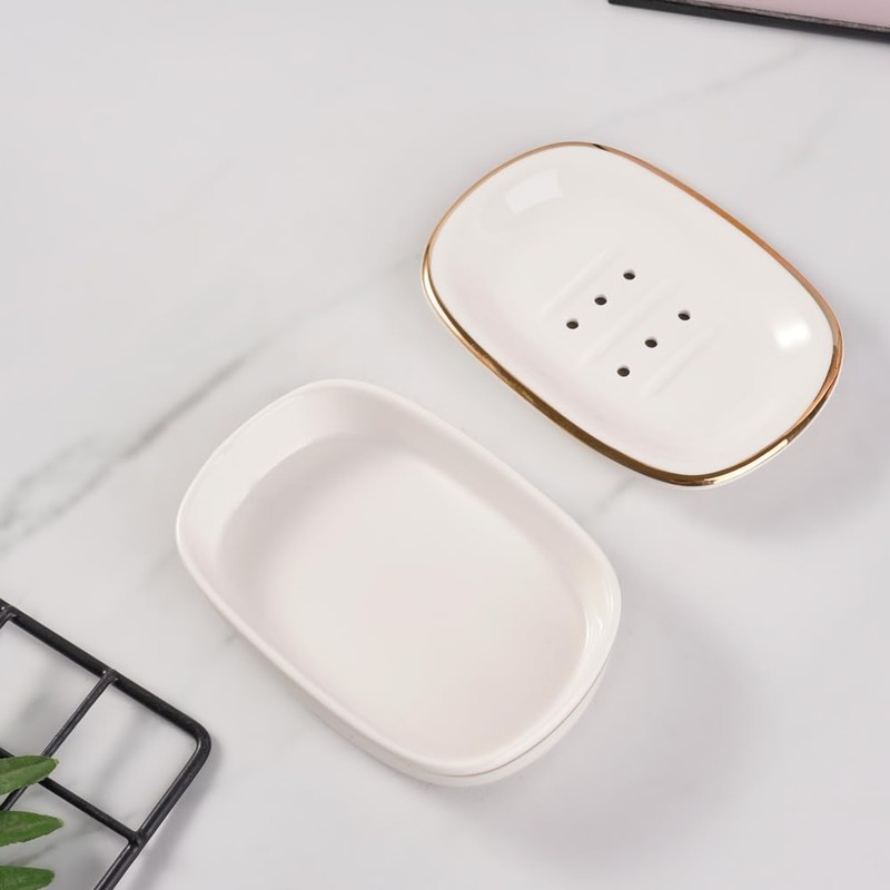 Self Draining Soap Dish, Double-Layer Bar Soap Tray, White Ceramic