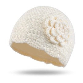 Bamery Winter Little Girls' Beanie Hat Cute Toddler Girl Knitted Hat Cotton Warm Hats for Under 6 Years (White Flower, S/0-6m)